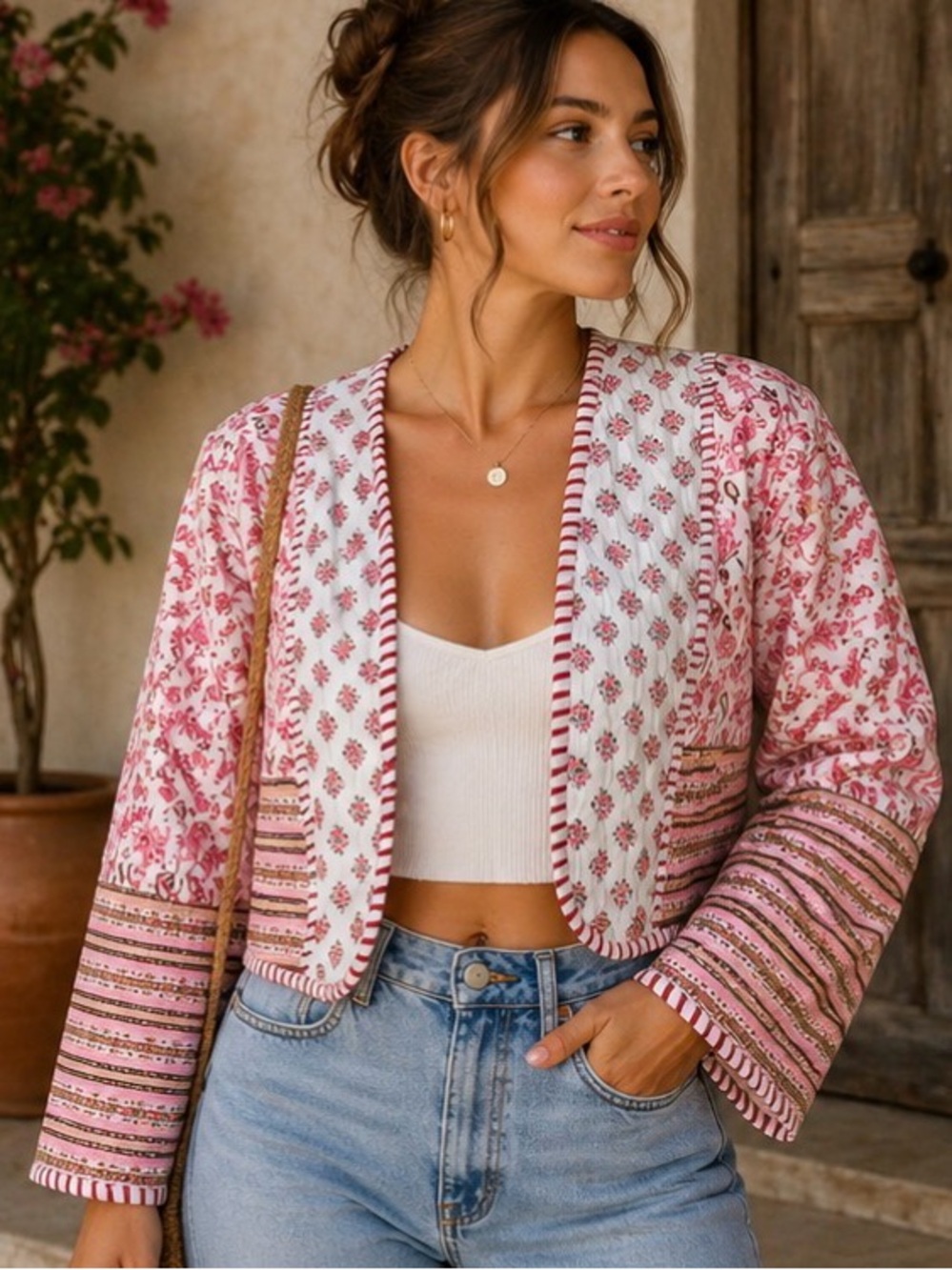 Patchwork Quilted Cropped Jacket Pink Floral Boho Cottagecore